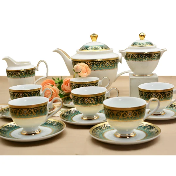 Turquoise-Gold Pattern Bone China Tea Set - 17-Piece Light Luxury Palace Style Carved Afternoon Tea Coffee Cup & Saucer Set